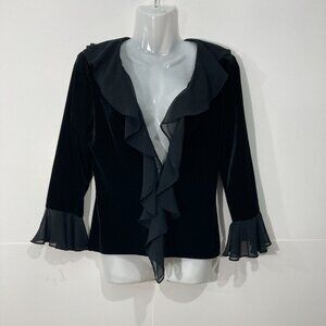 XSCAPE by Joanna Chen Women's Black Velvet Top RUFFLES BLOUSE 3/4 sleeve Size S